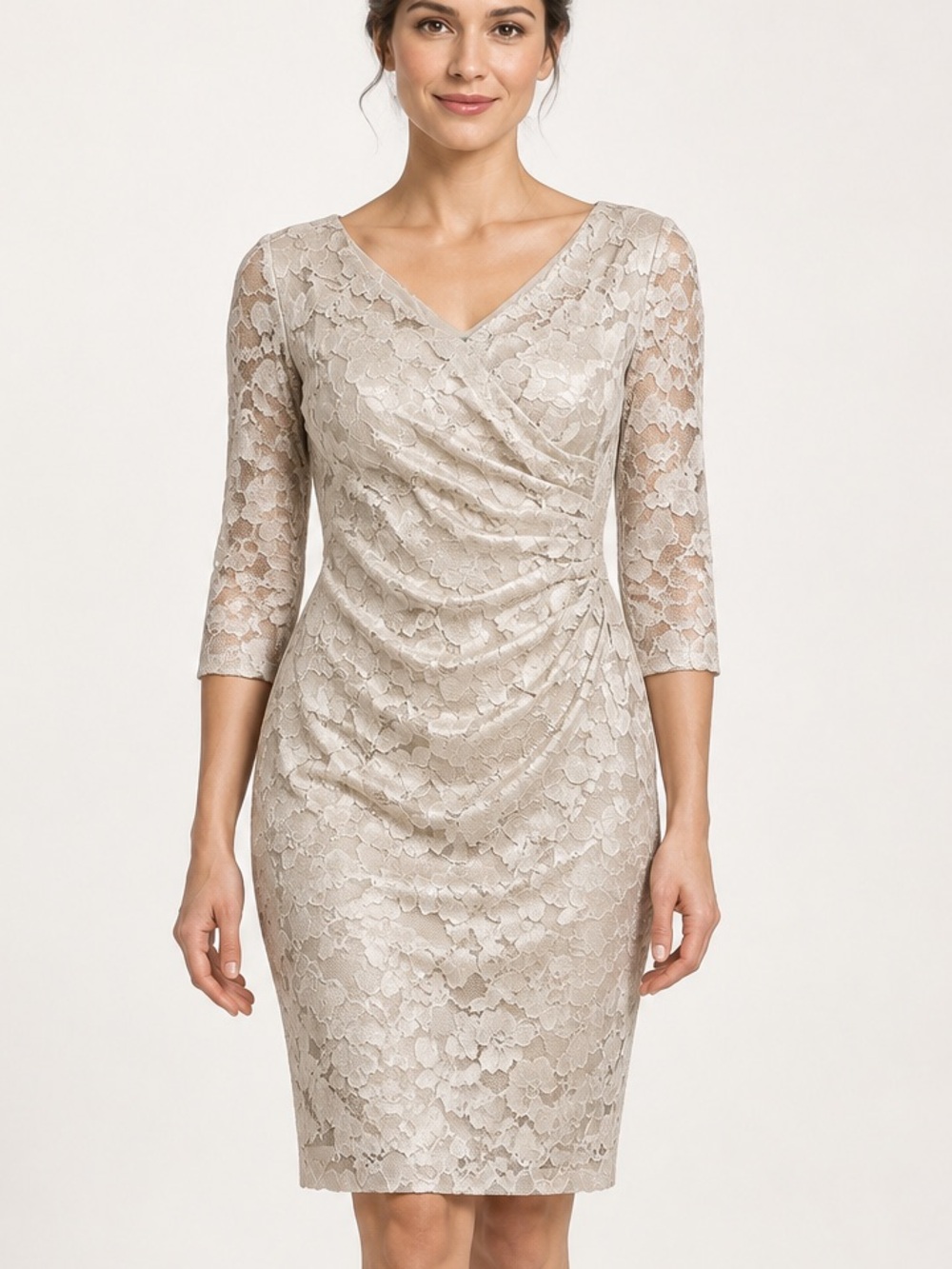 Lauren Ralph Lauren Size 12 Beige Lace Ruched Stretch Sheath Dress